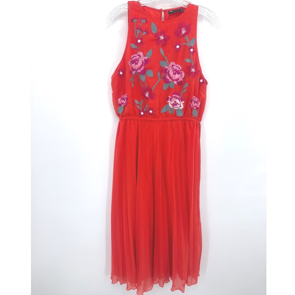 ASOS DESIGN Red Floral Embroidered Pleated Midi Dress Sleeveless Size US 10
